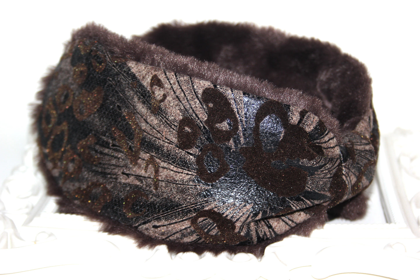 Dark Brown earmuff Women ear warmer Flocked/flece/patent abstract pattern fabric, faux fur fluffy ear muff skiing headphones running earmuff
