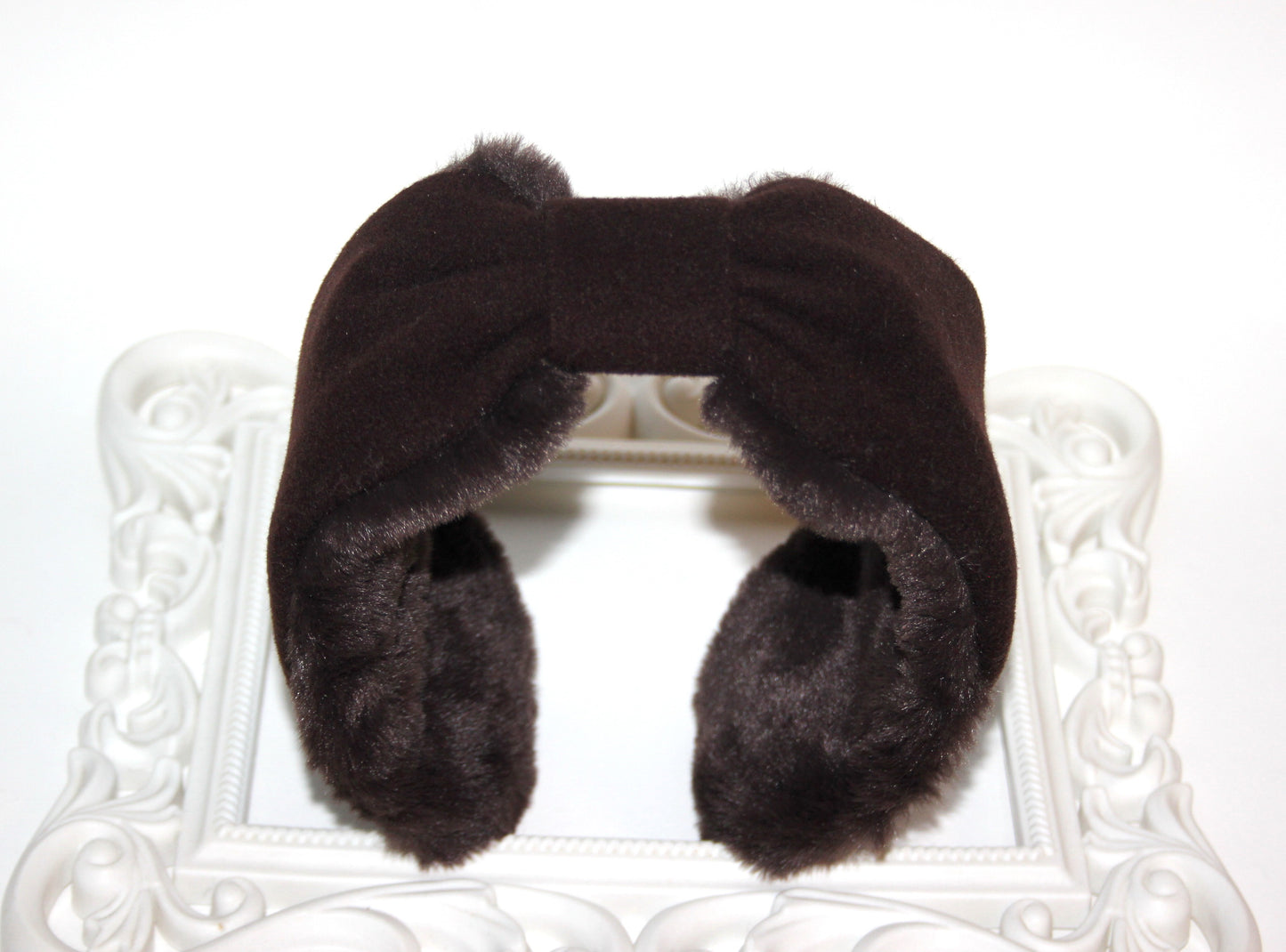 Dark Brown wool earmuffs Faux fur fluffy ear warmer