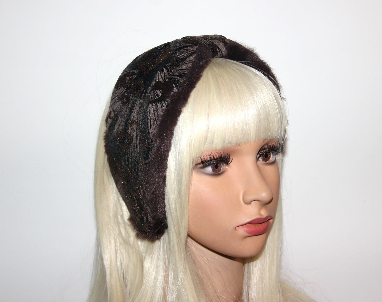 Dark Brown earmuff Women ear warmer Flocked/flece/patent abstract pattern fabric, faux fur fluffy ear muff skiing headphones running earmuff