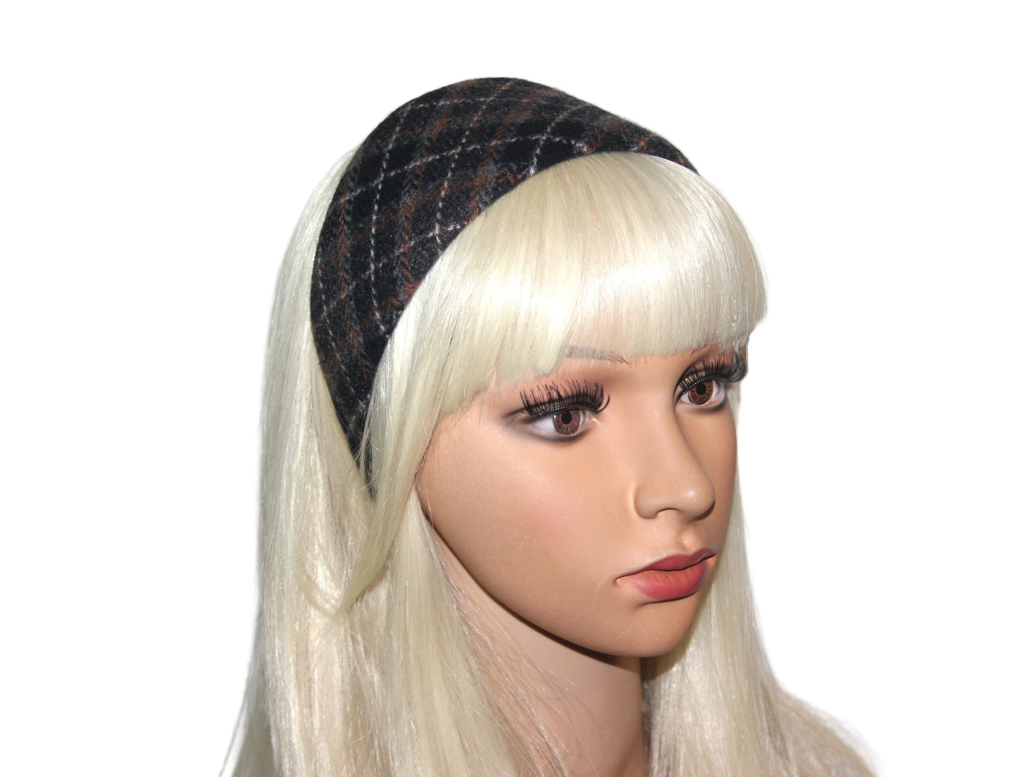 Soft plaid headband Black/Brown/White/Gray wool tartan hairband for women, plastic free