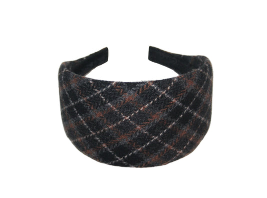 Soft plaid headband Black/Brown/White/Gray wool tartan hairband for women, plastic free