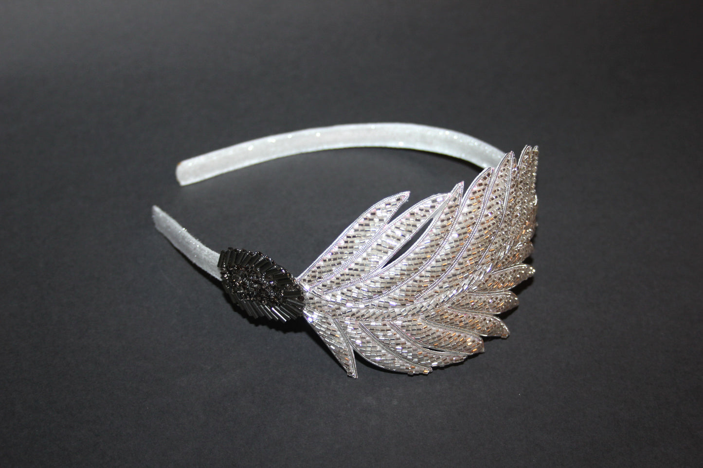 Silver beaded feather fascinator Women bridesmaid headband