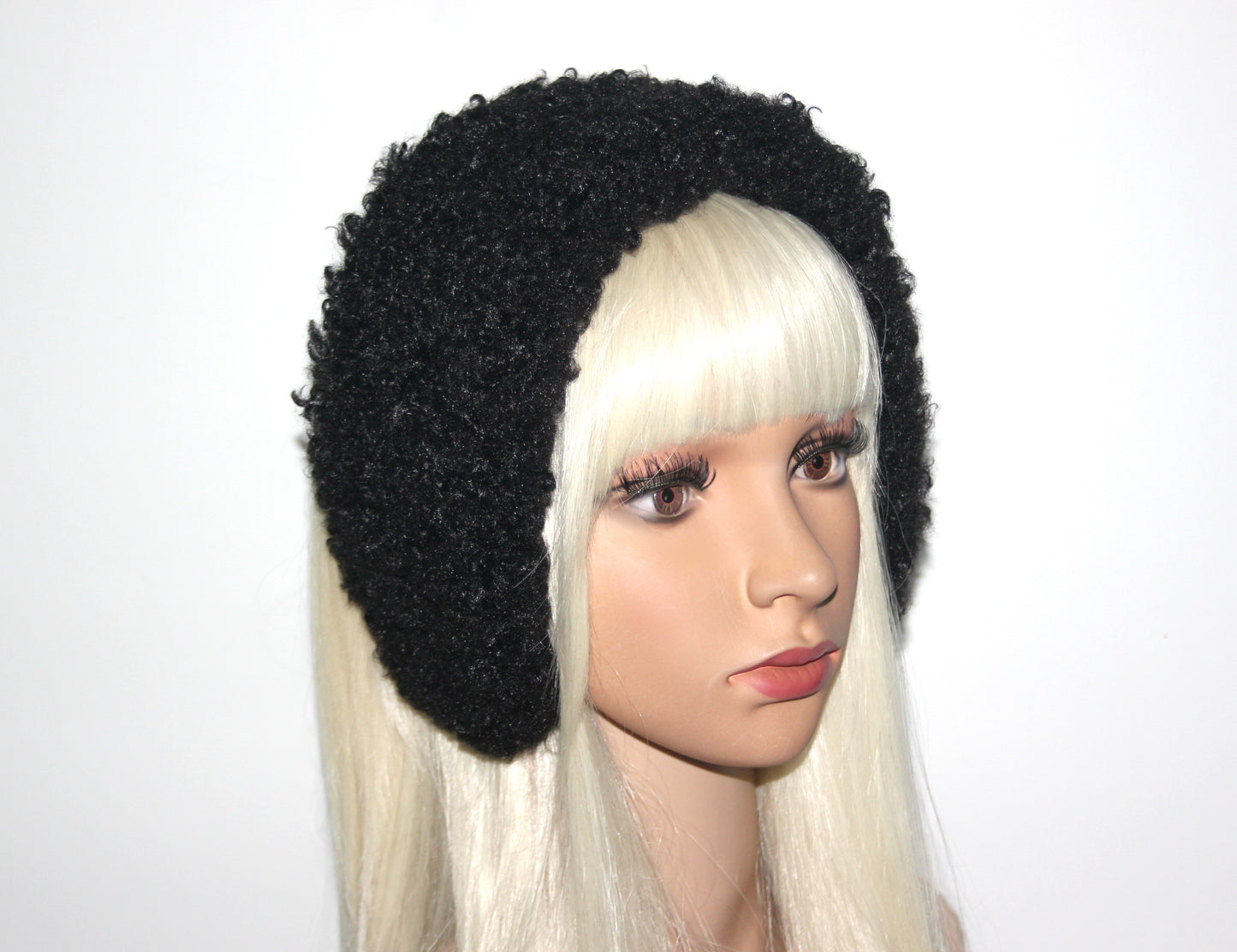 Black curly earmuffs Rabbit faux fur headband turban Skiing headphones for women