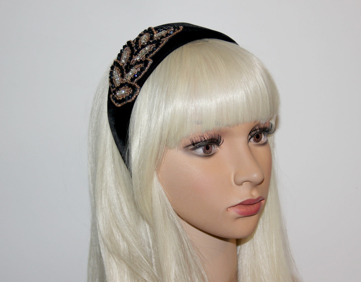 Luxury velvet headband 2.35" inch Black & Gold glass beads embroidery applique head scarf