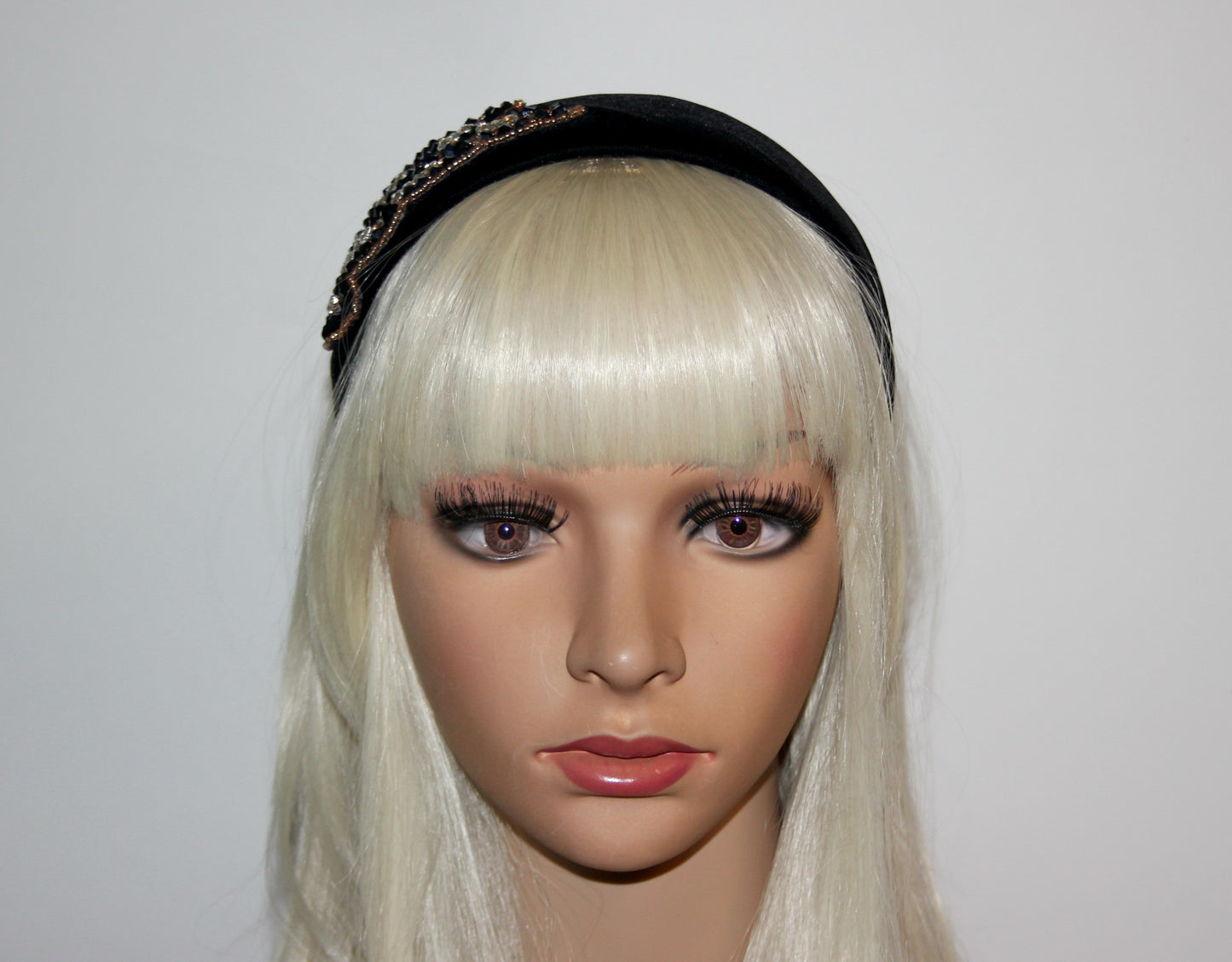 Luxury velvet headband 2.35" inch Black & Gold glass beads embroidery applique head scarf