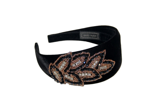 Luxury velvet headband 2.35" inch Black & Gold glass beads embroidery applique head scarf