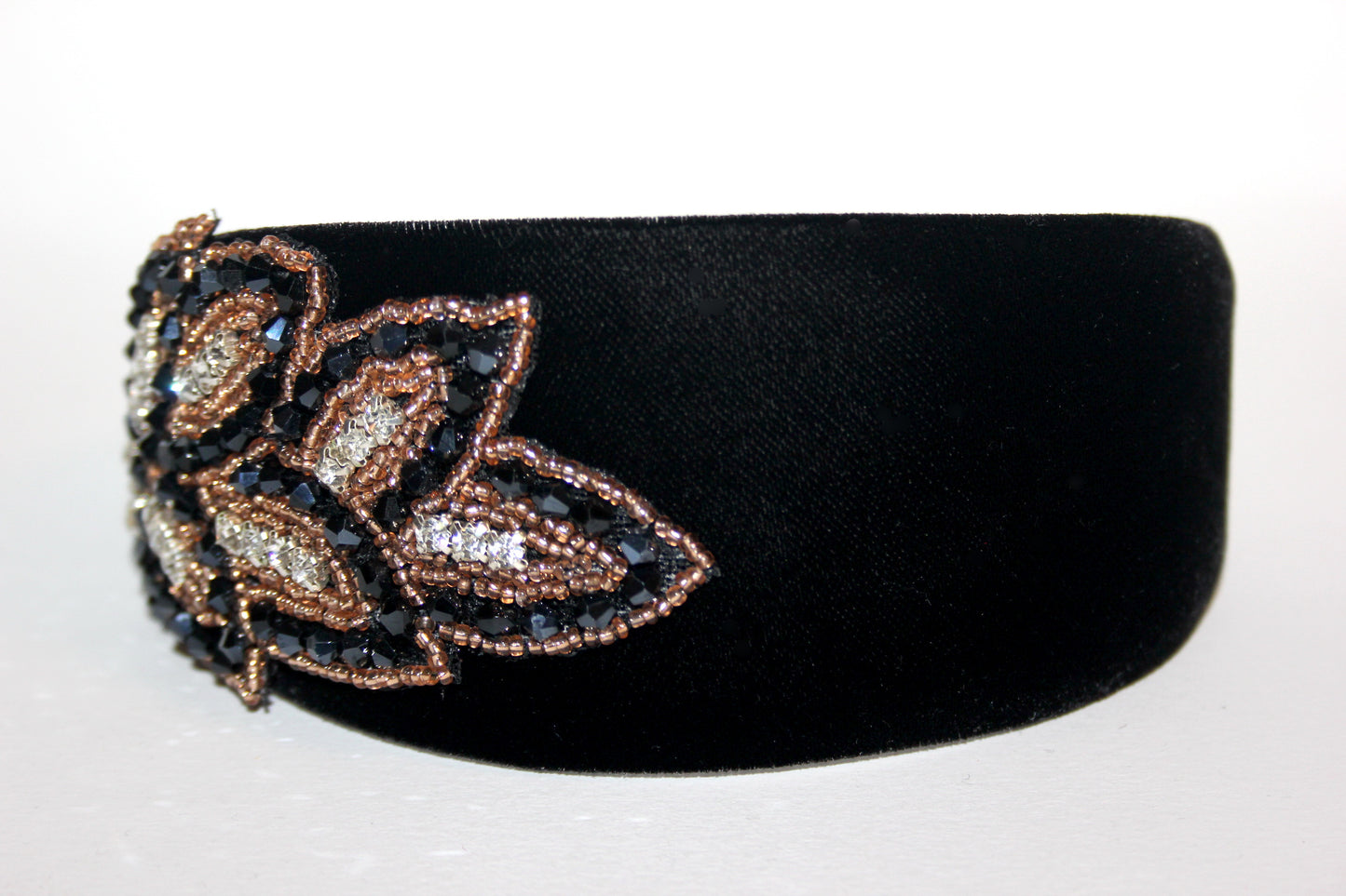 Luxury velvet headband 2.35" inch Black & Gold glass beads embroidery applique head scarf