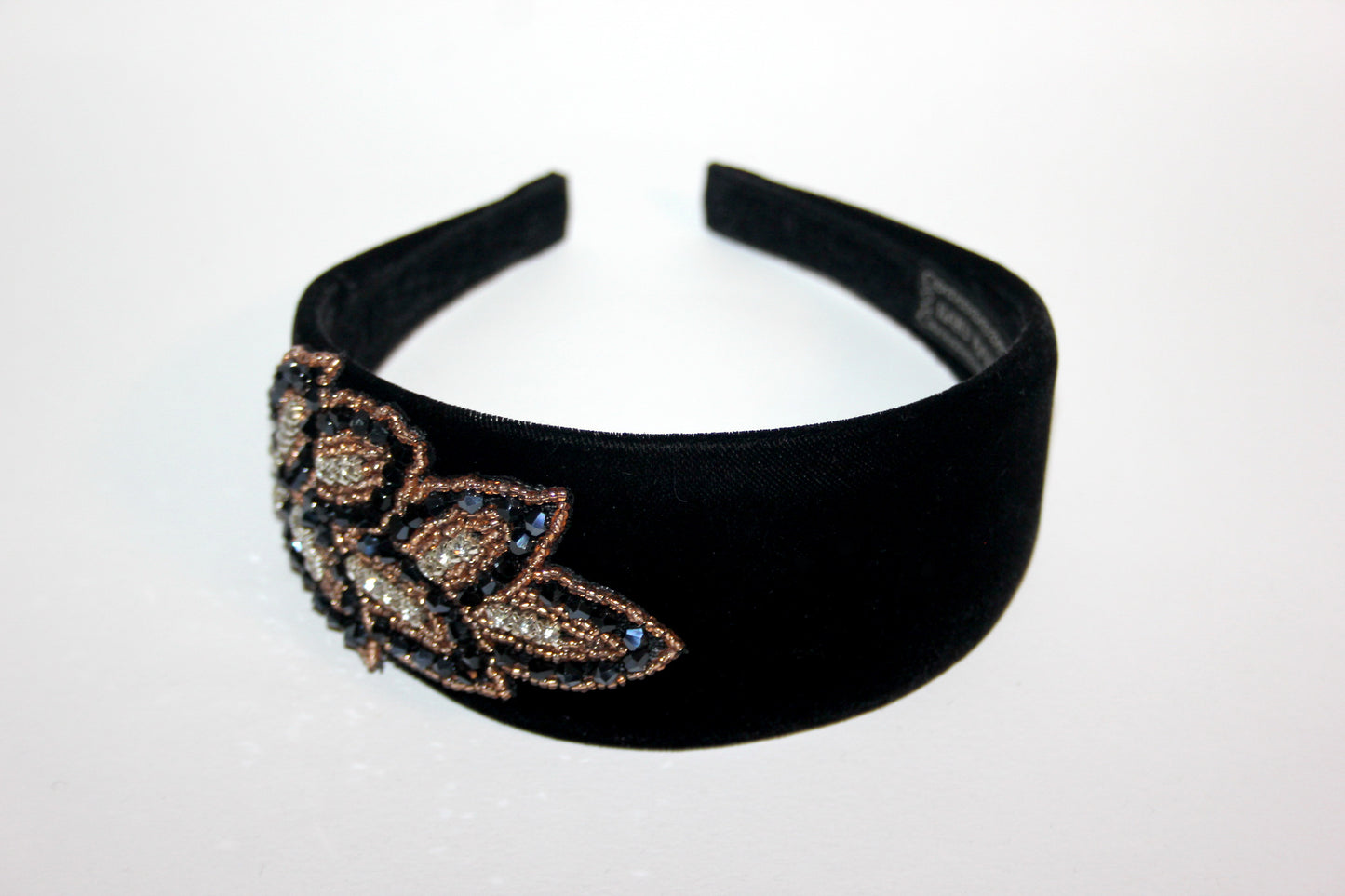 Luxury velvet headband 2.35" inch Black & Gold glass beads embroidery applique head scarf
