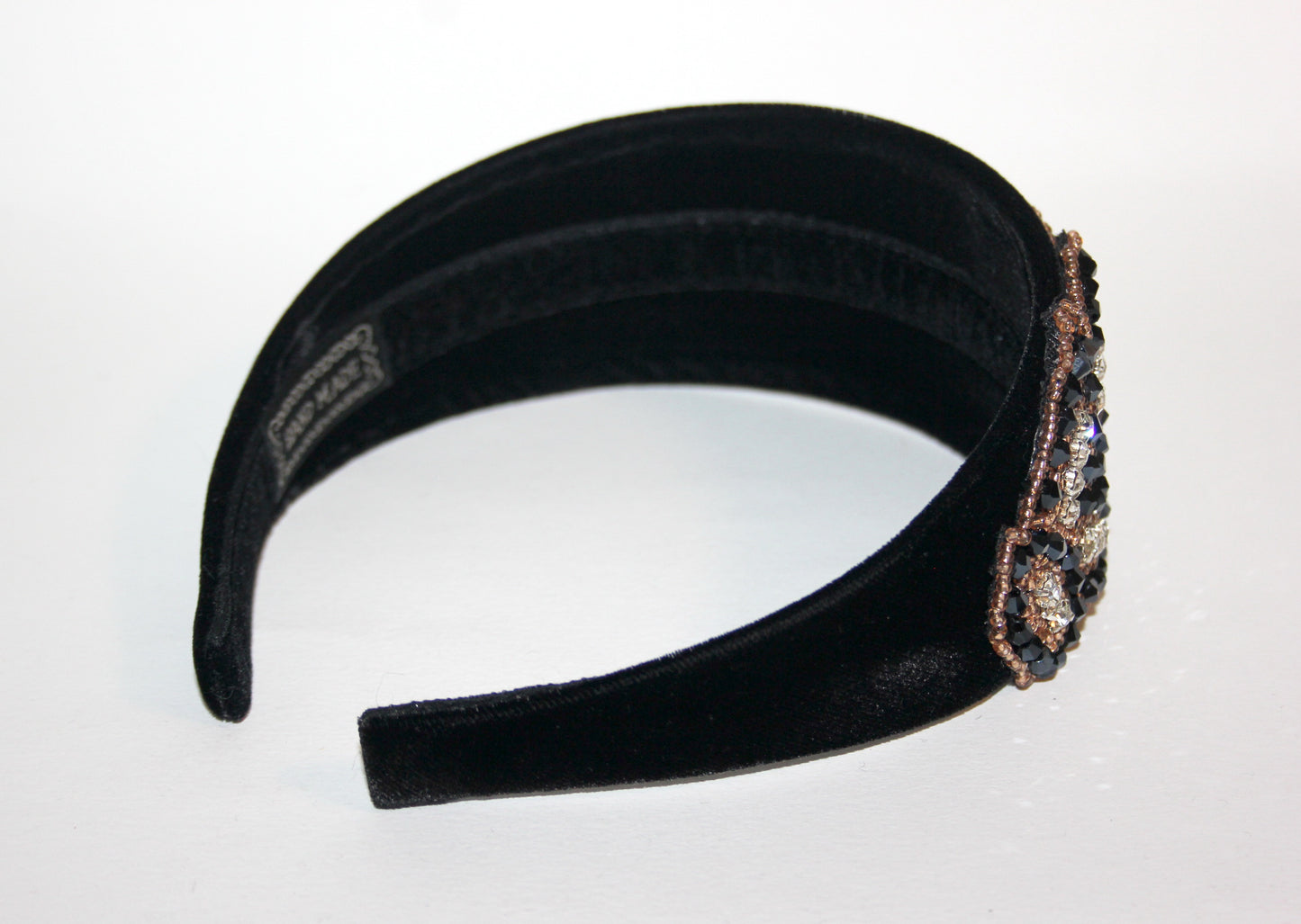 Luxury velvet headband 2.35" inch Black & Gold glass beads embroidery applique head scarf