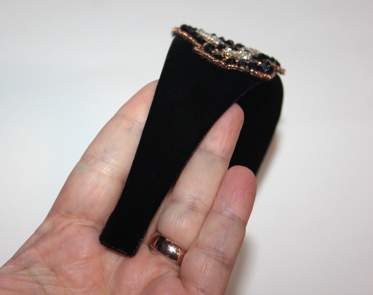 Luxury velvet headband 2.35" inch Black & Gold glass beads embroidery applique head scarf