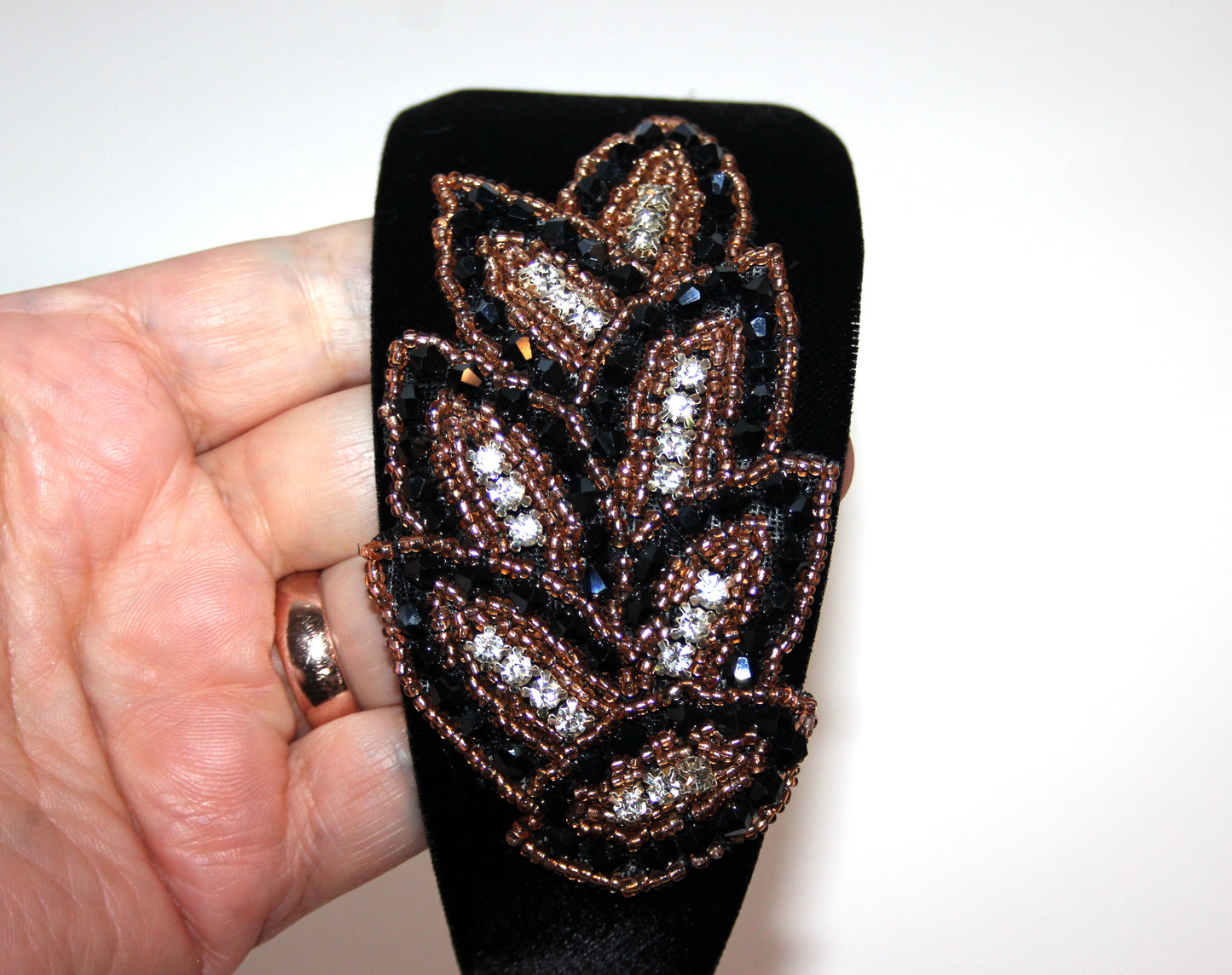 Luxury velvet headband 2.35" inch Black & Gold glass beads embroidery applique head scarf