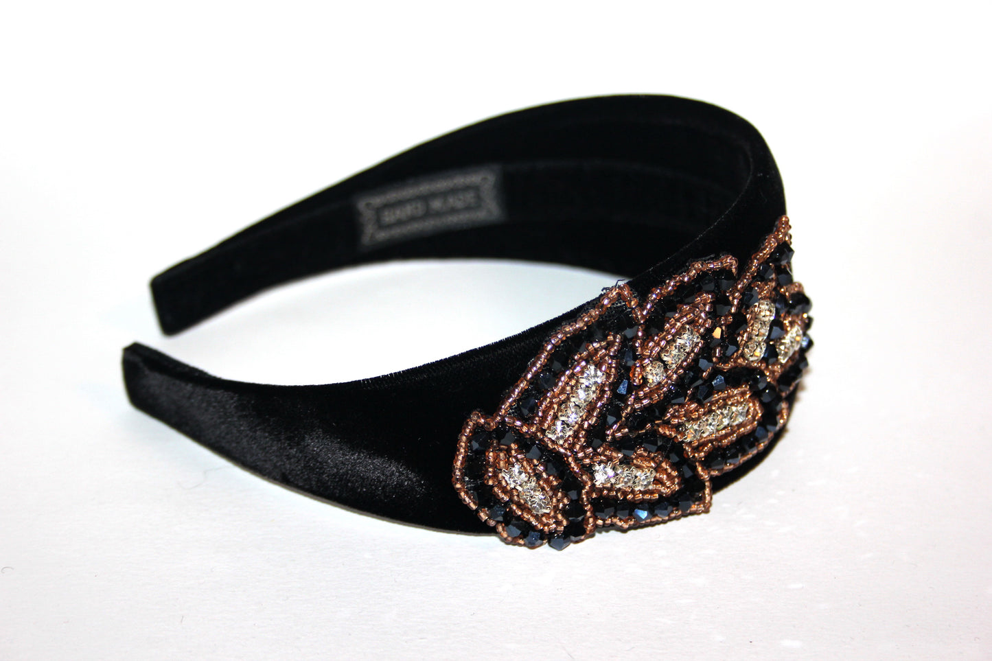 Luxury velvet headband 2.35" inch Black & Gold glass beads embroidery applique head scarf