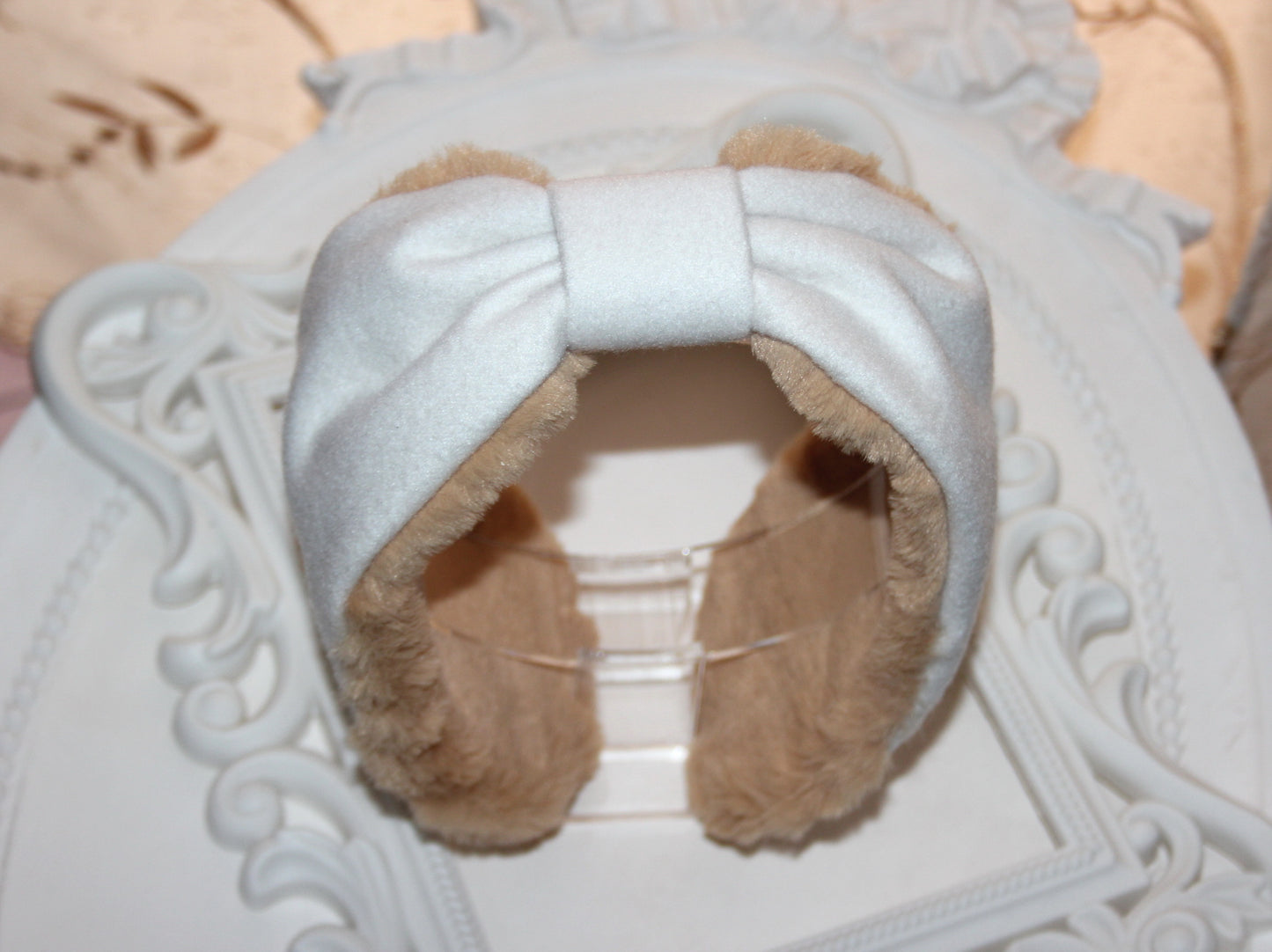 Ivory earmuffs Beige wool & faux fur headband turban