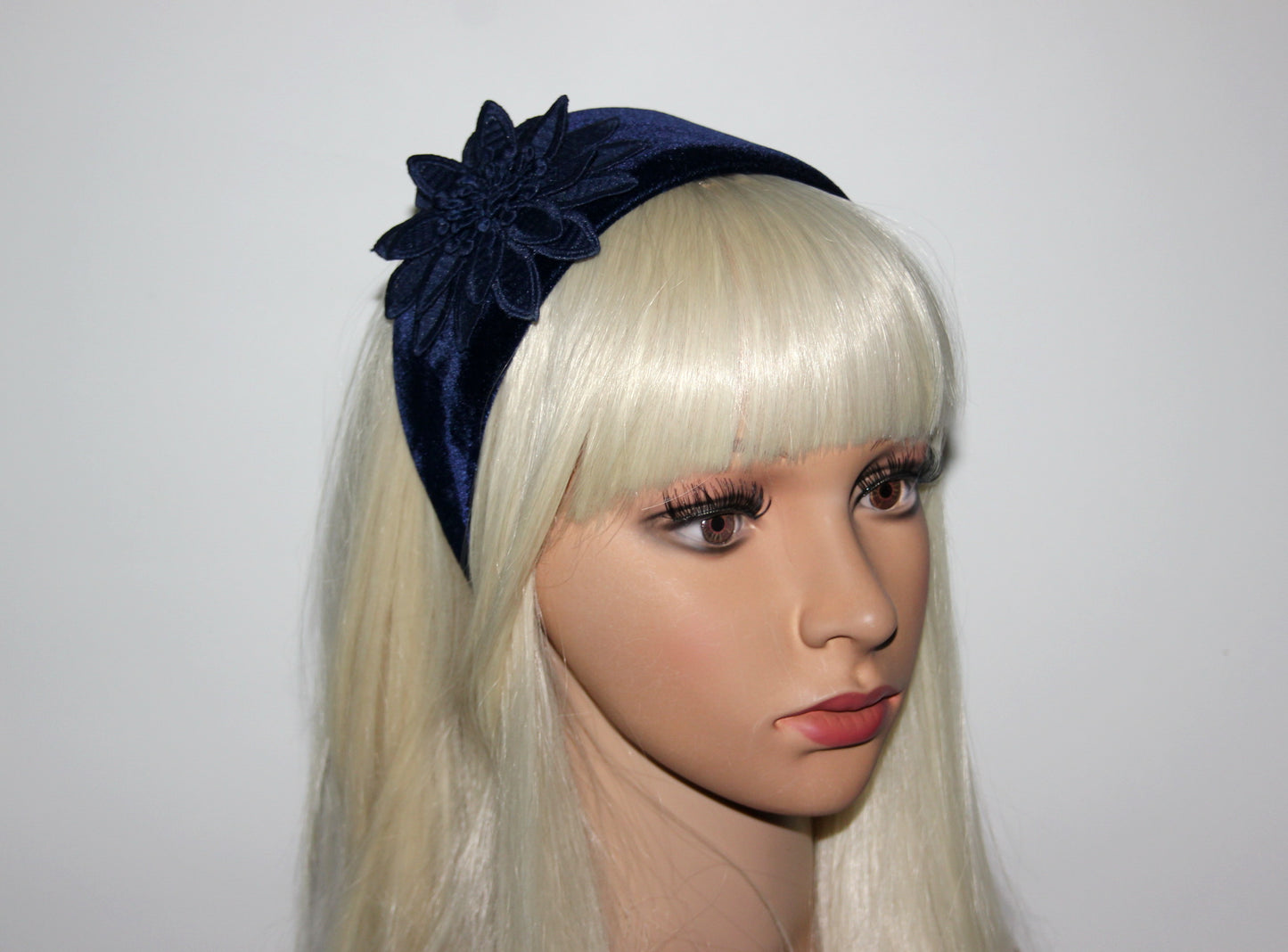 Dark Blue velvet headband with flower Extra wide floral hairband scarf, plastic free