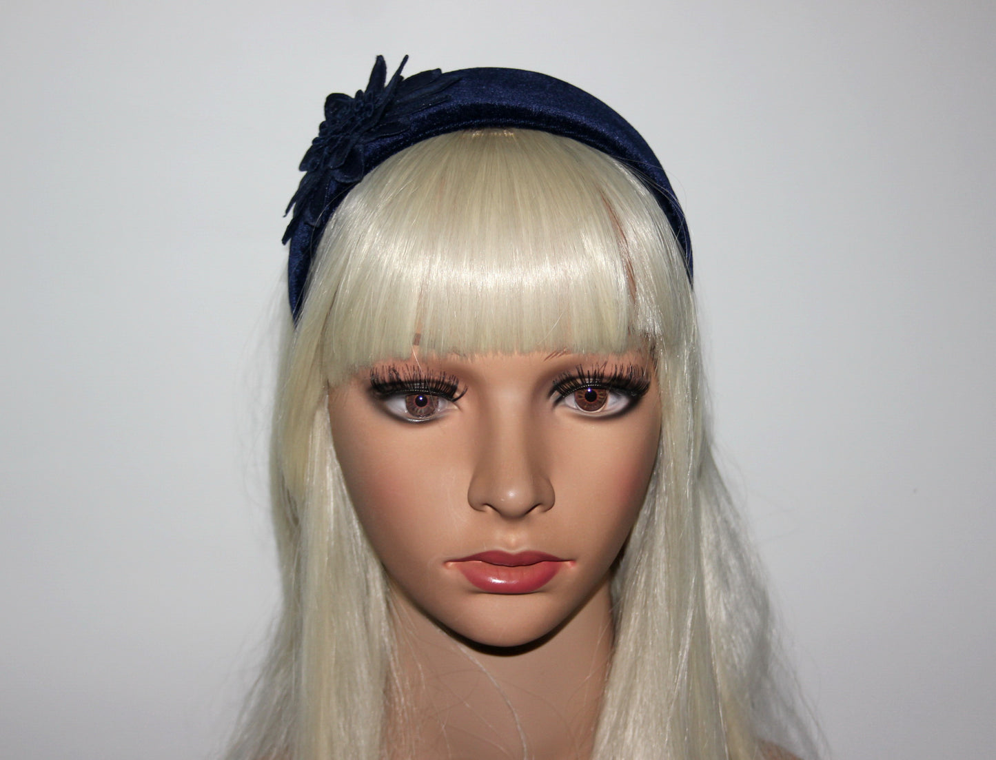 Dark Blue velvet headband with flower Extra wide floral hairband scarf, plastic free