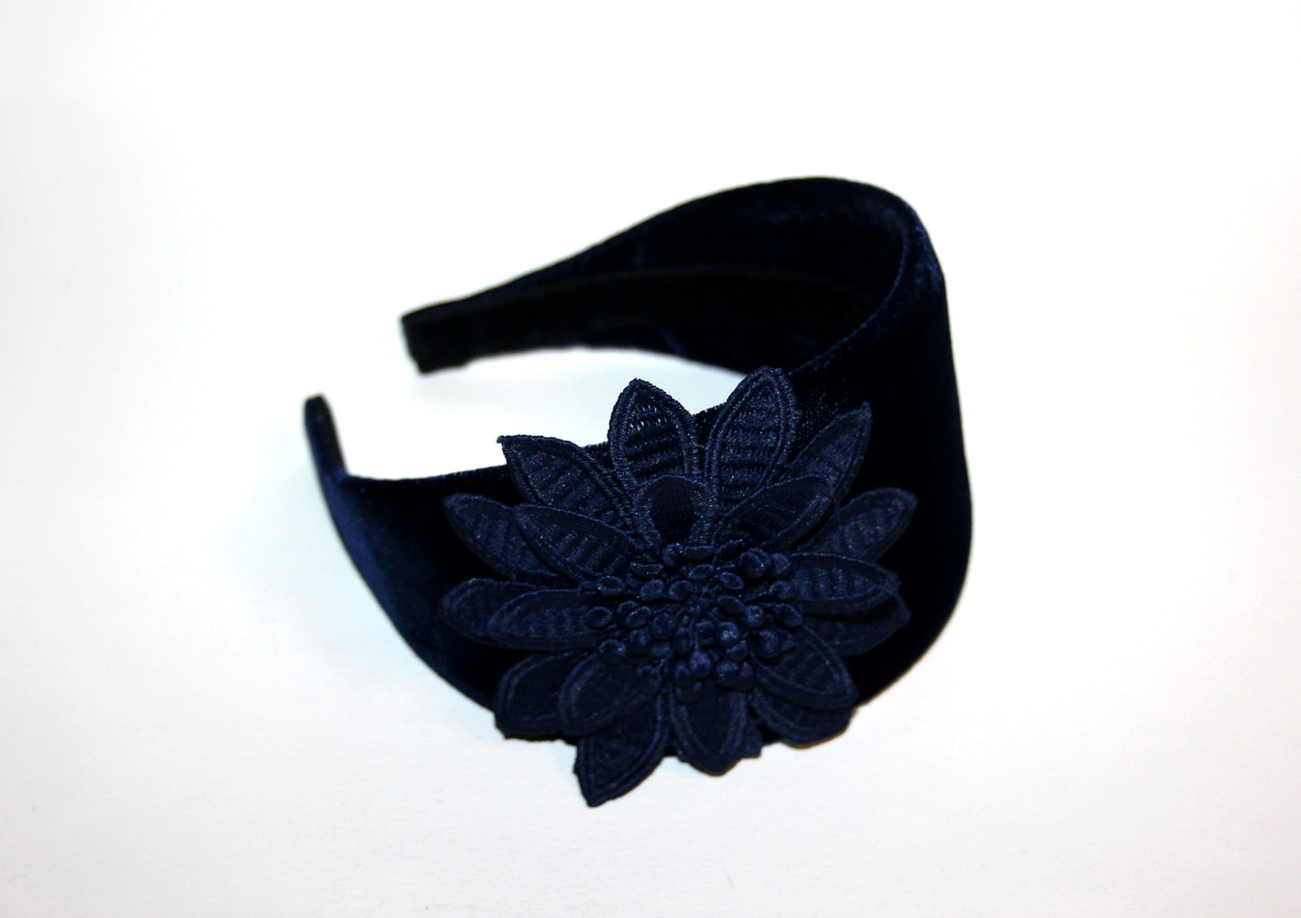 Dark Blue velvet headband with flower Extra wide floral hairband scarf, plastic free