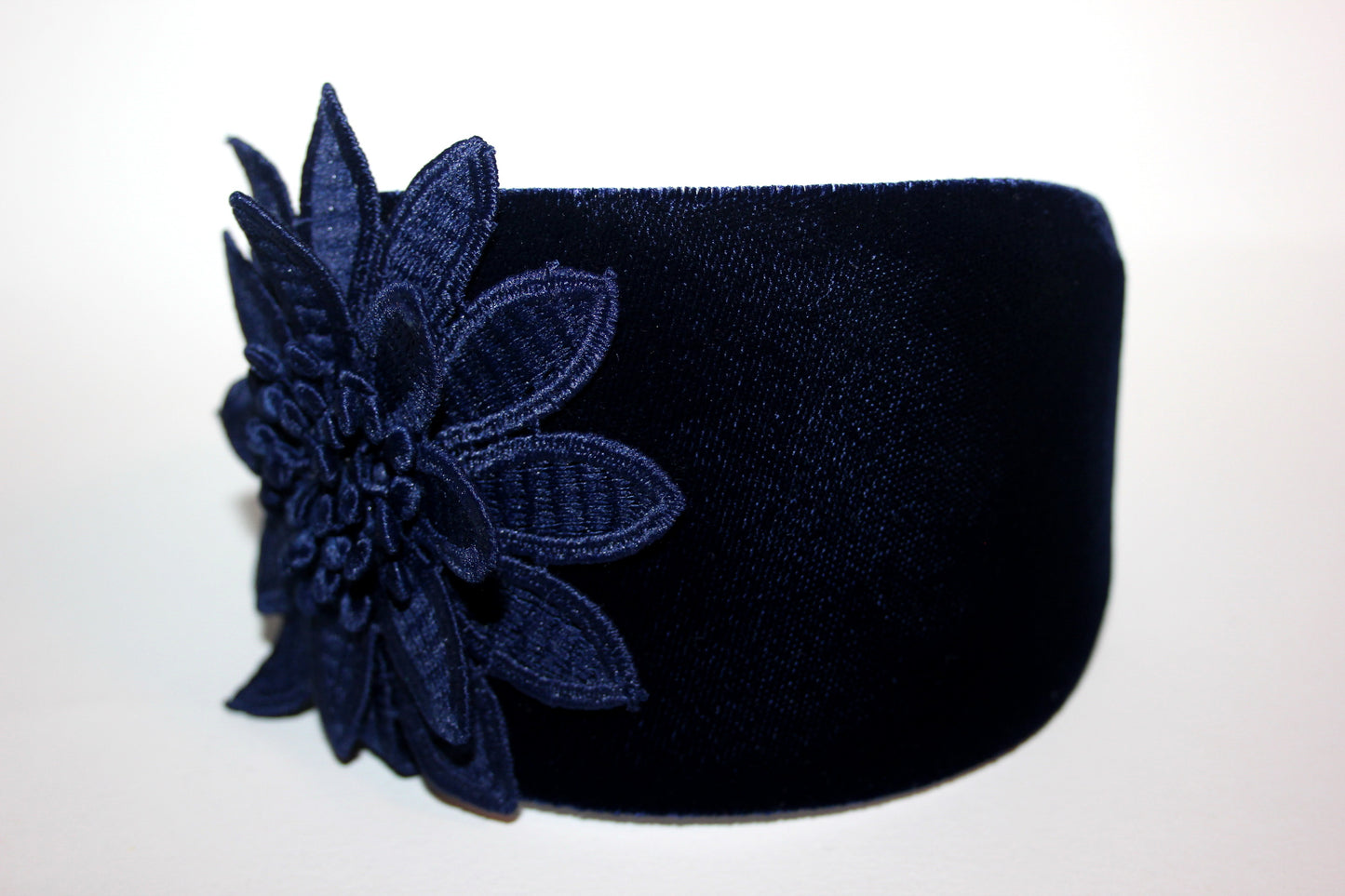 Dark Blue velvet headband with flower Extra wide floral hairband scarf, plastic free