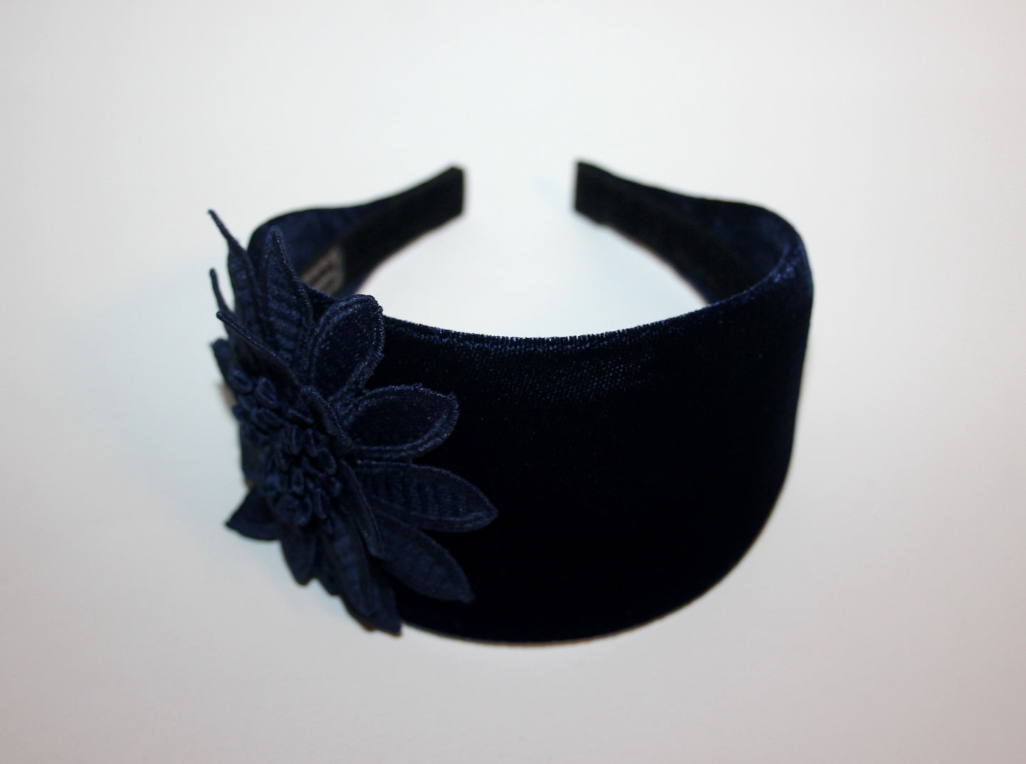 Dark Blue velvet headband with flower Extra wide floral hairband scarf, plastic free