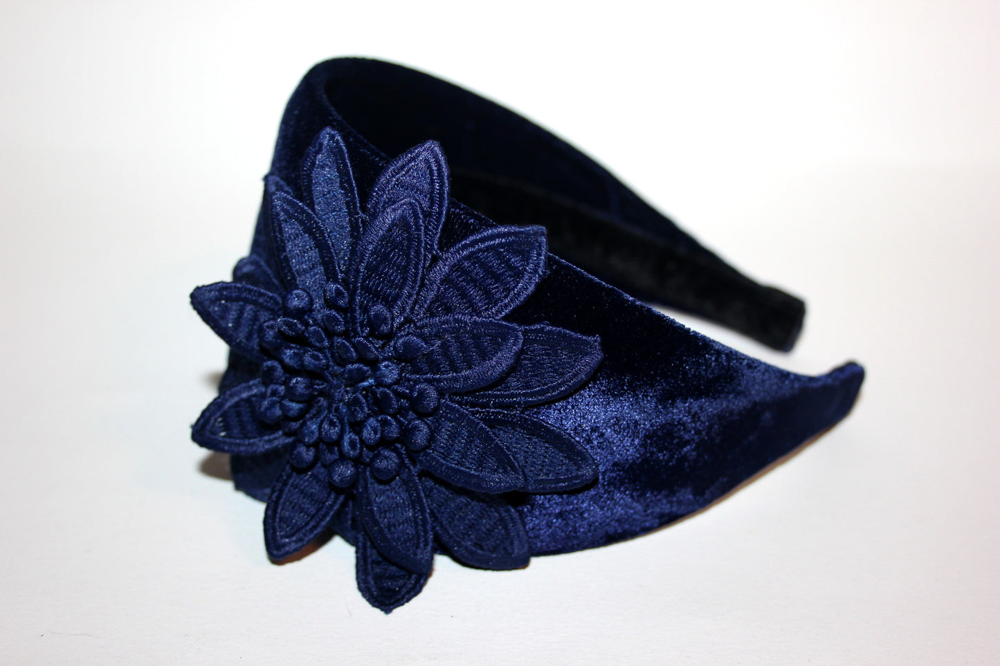 Dark Blue velvet headband with flower Extra wide floral hairband scarf, plastic free