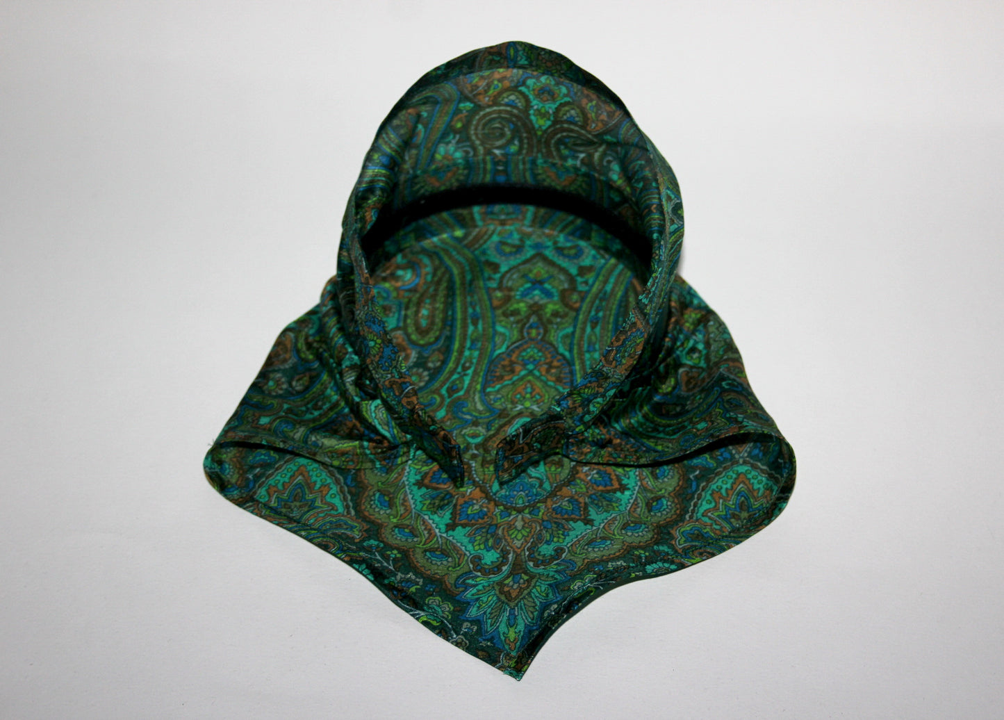 Damask head kerchief Dark Green & Blue pure silk triangle bandana headband