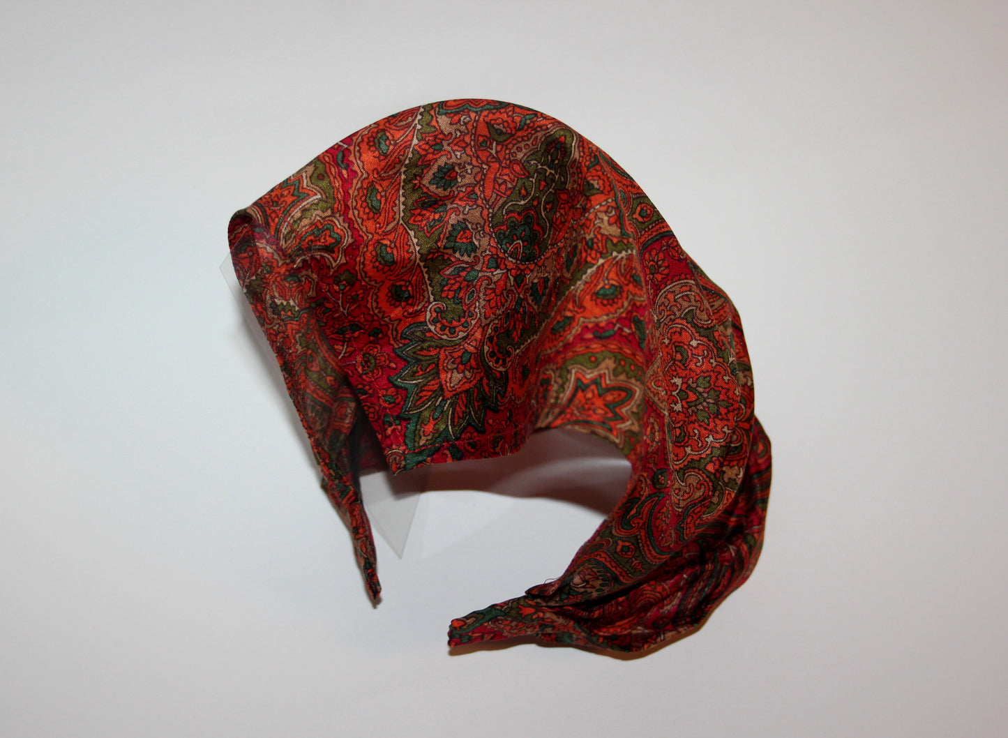 Damask head kerchief Dark Red & Orange pure silk triangle bandana headband