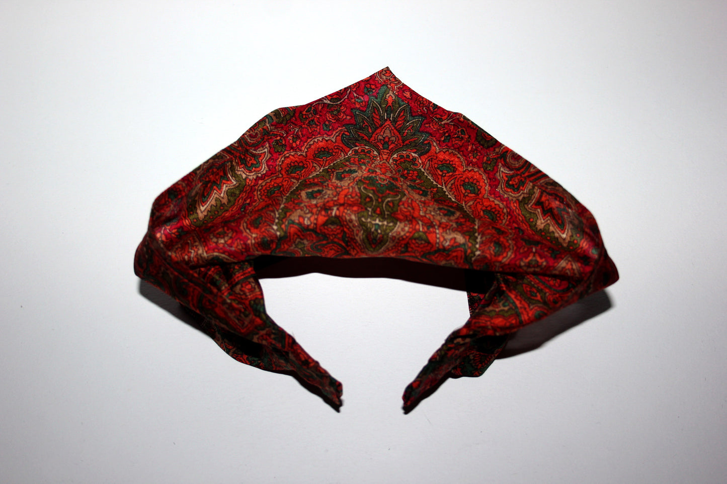 Damask head kerchief Dark Red & Orange pure silk triangle bandana headband