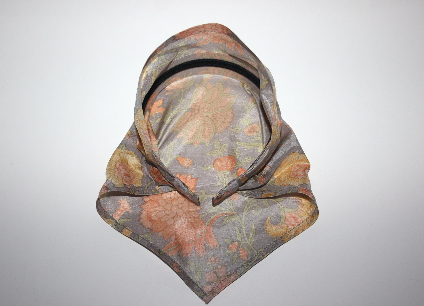Triangle bandana headband Gray & Peach pure silk head kerchief