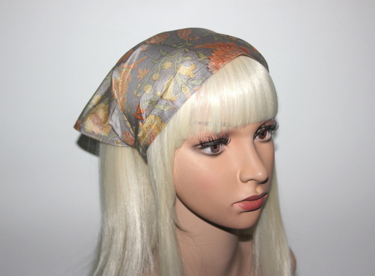 Triangle bandana headband Gray & Peach pure silk head kerchief