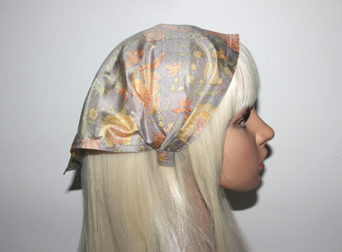 Triangle bandana headband Gray & Peach pure silk head kerchief