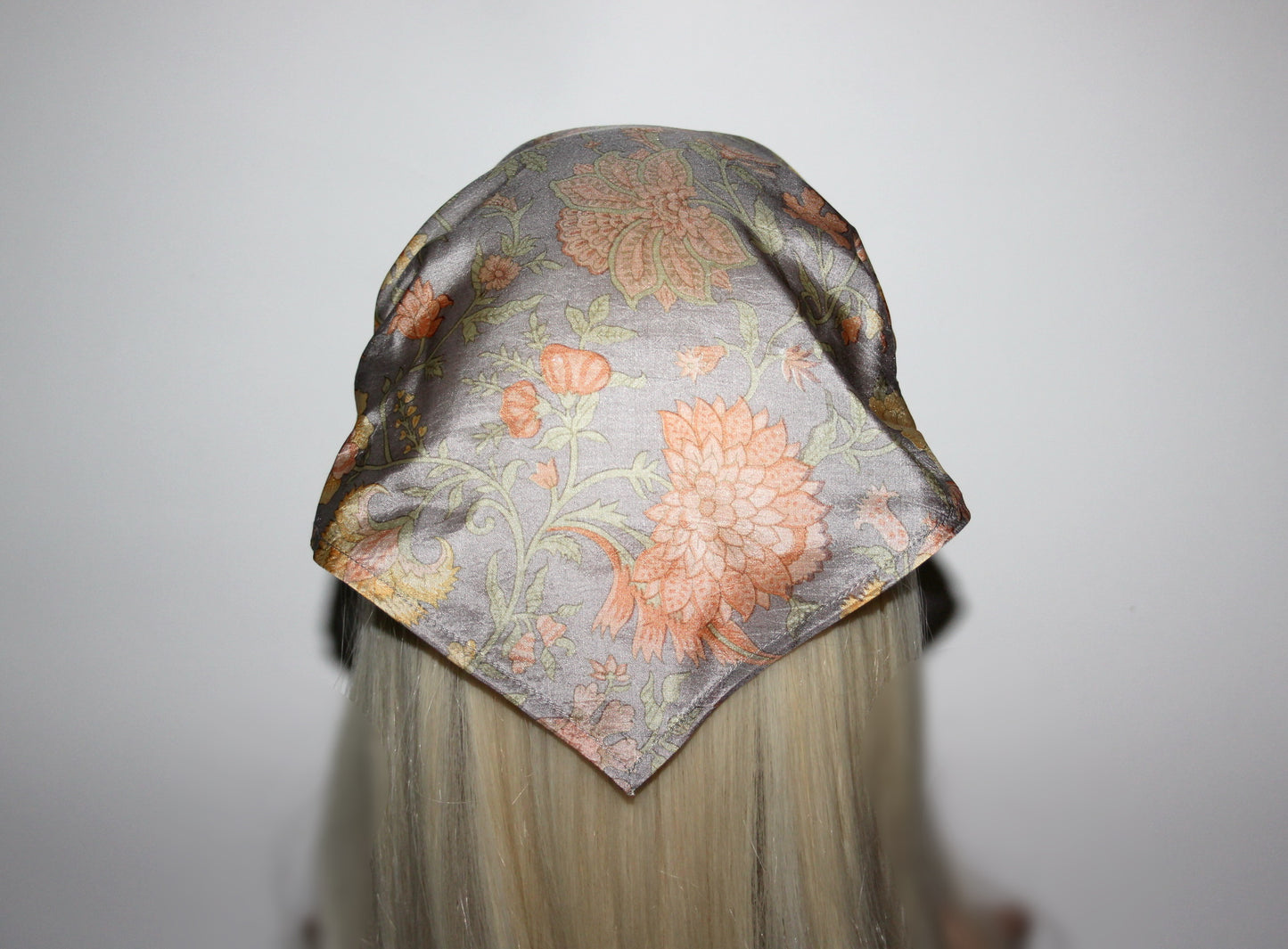 Triangle bandana headband Gray & Peach pure silk head kerchief