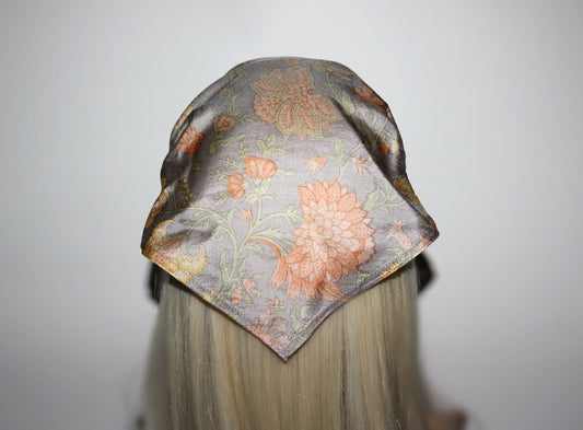 Triangle bandana headband Gray & Peach pure silk head kerchief