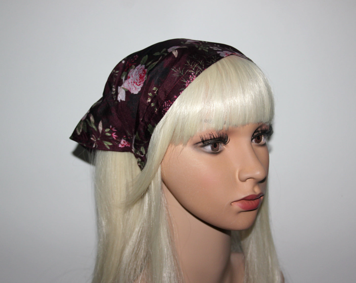 Dark Maroon & Pink pure silk head kerchief Triangle bandana headband Retro summer bandana