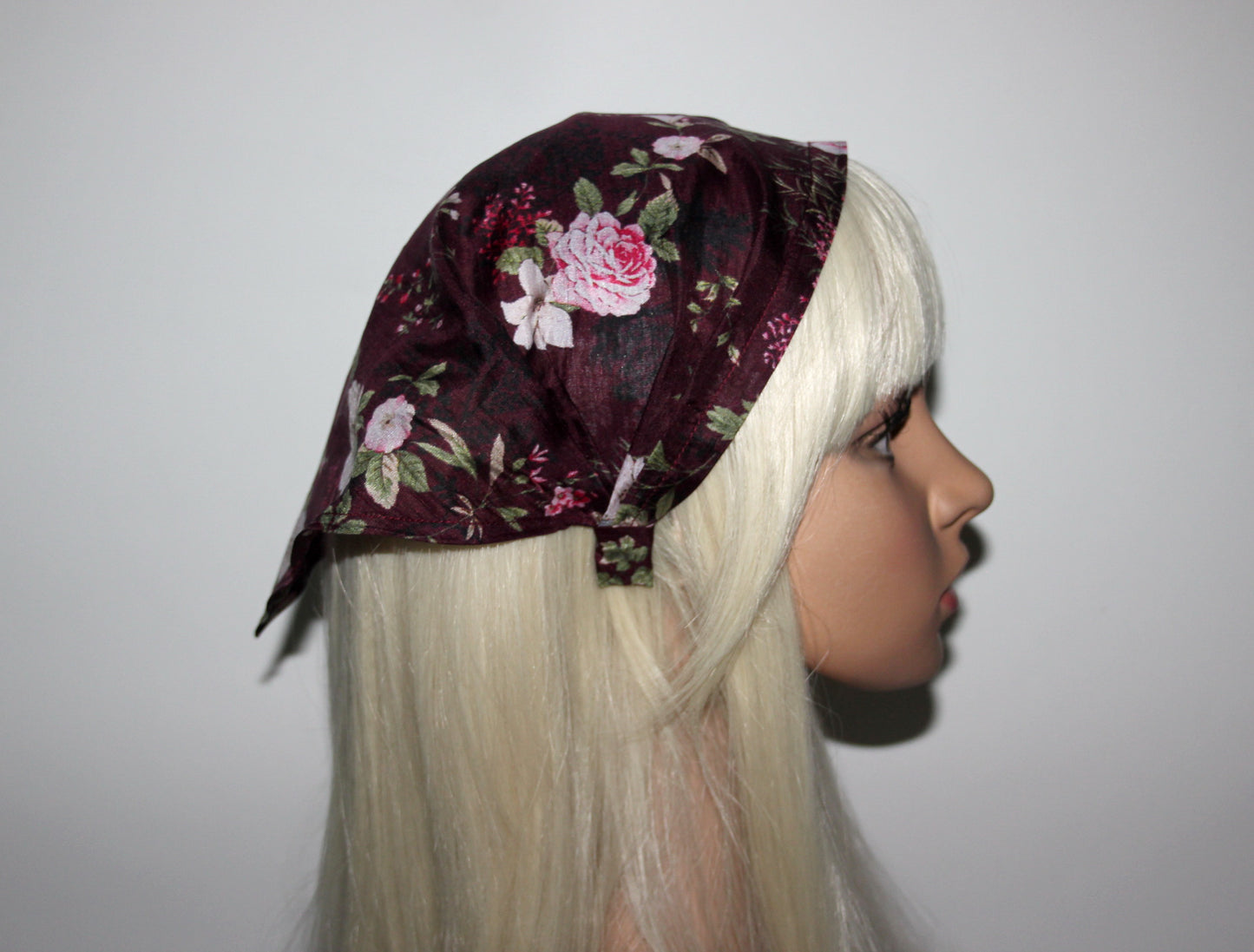 Dark Maroon & Pink pure silk head kerchief Triangle bandana headband Retro summer bandana