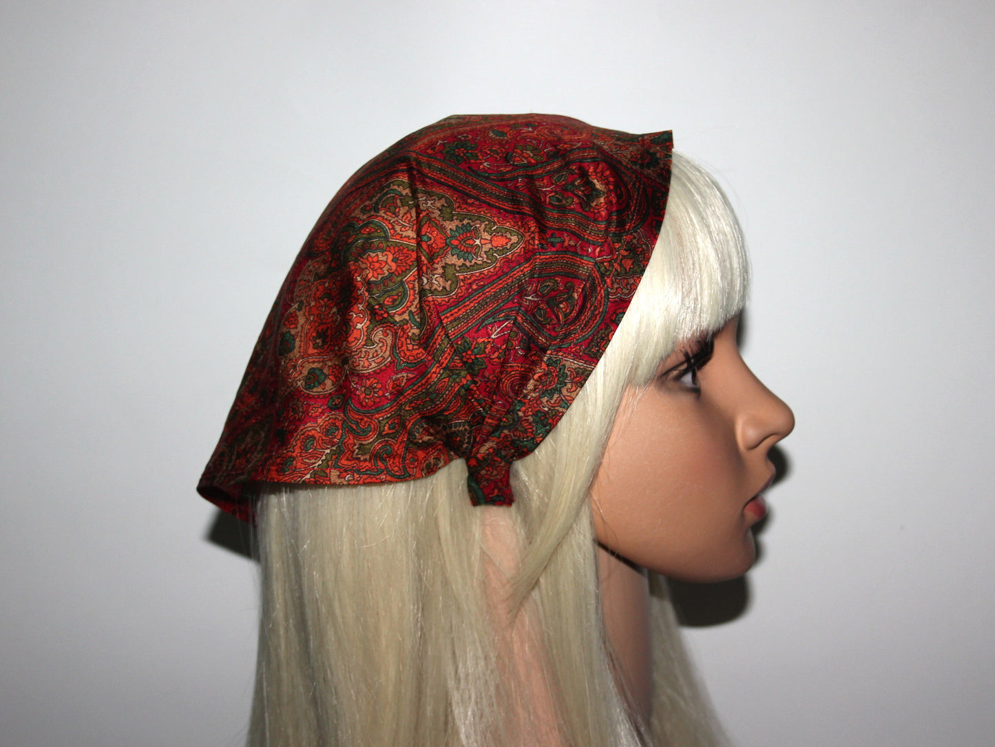Damask head kerchief Dark Red & Orange pure silk triangle bandana headband