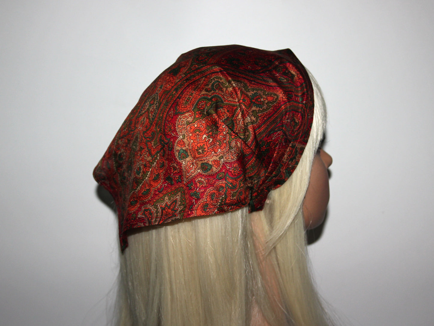 Damask head kerchief Dark Red & Orange pure silk triangle bandana headband