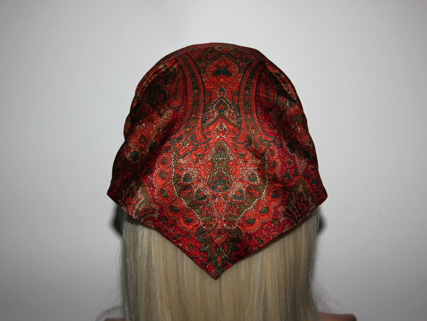 Damask head kerchief Dark Red & Orange pure silk triangle bandana headband
