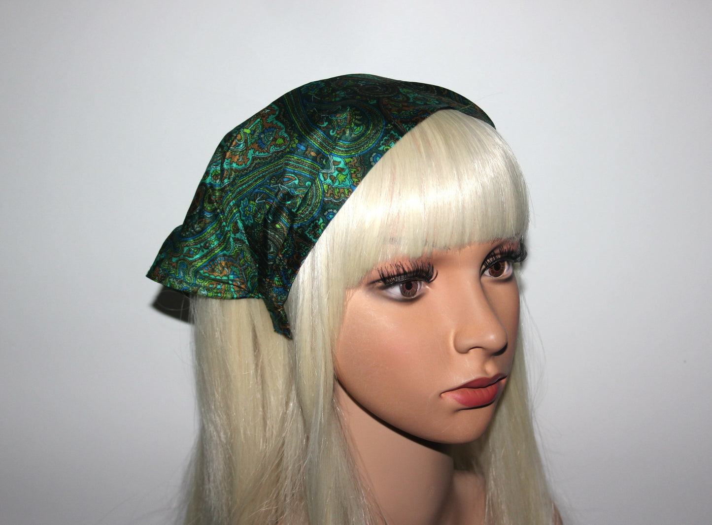 Damask head kerchief Dark Green & Blue pure silk triangle bandana headband