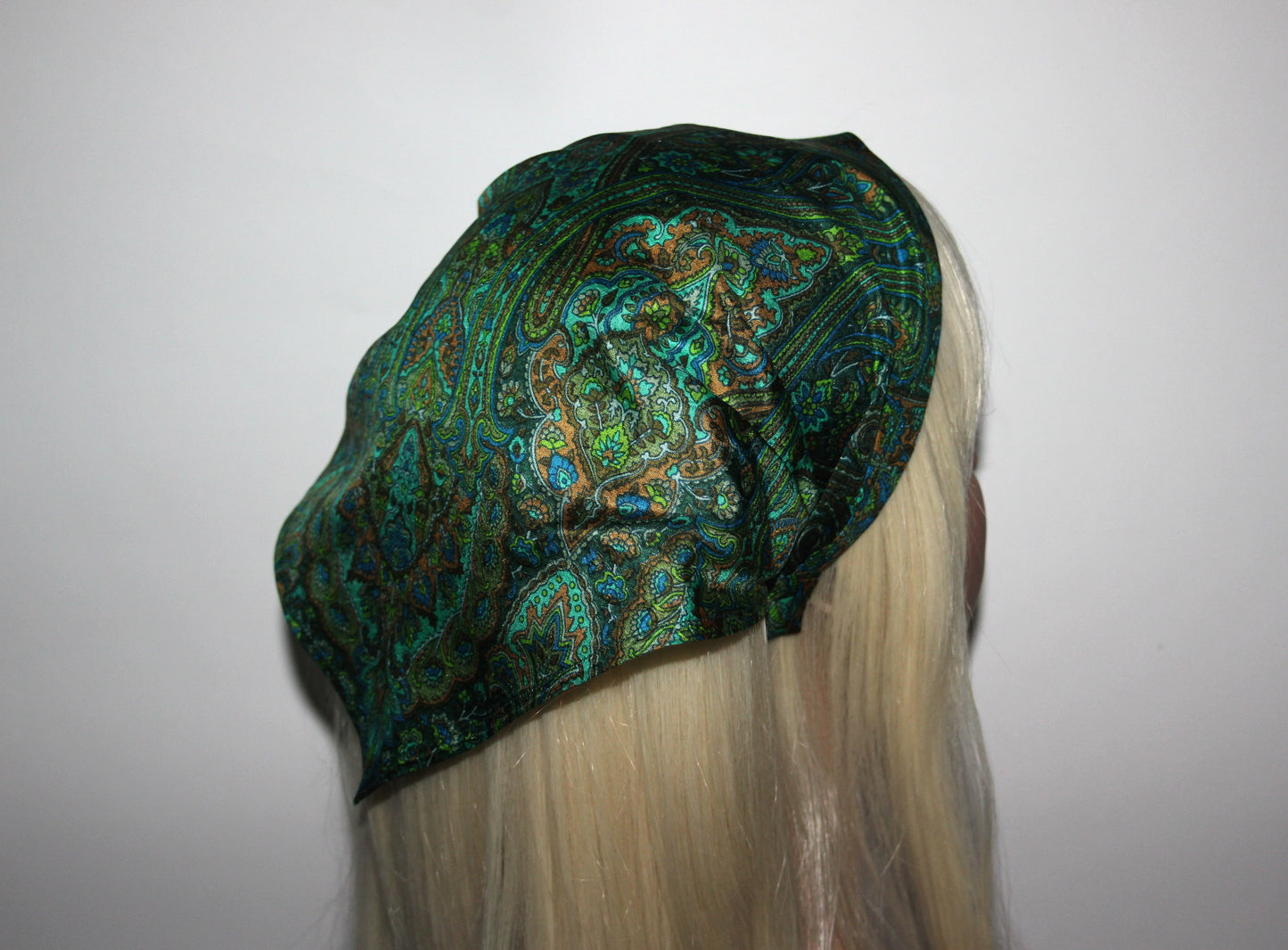Damask head kerchief Dark Green & Blue pure silk triangle bandana headband