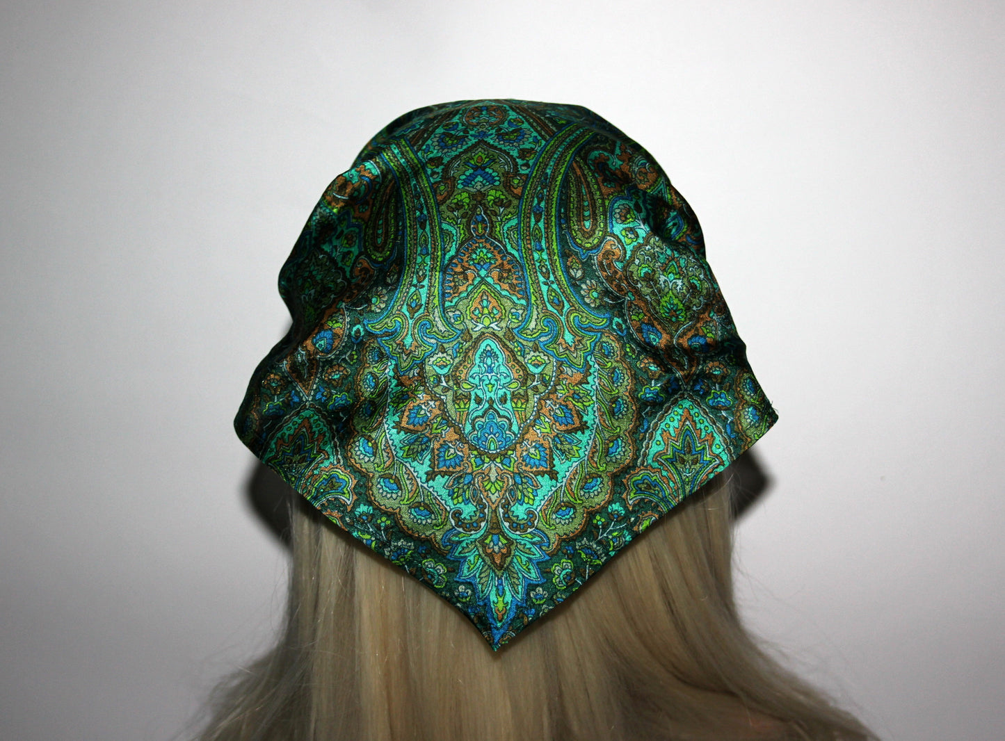 Damask head kerchief Dark Green & Blue pure silk triangle bandana headband