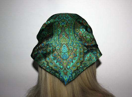 Damask head kerchief Dark Green & Blue pure silk triangle bandana headband