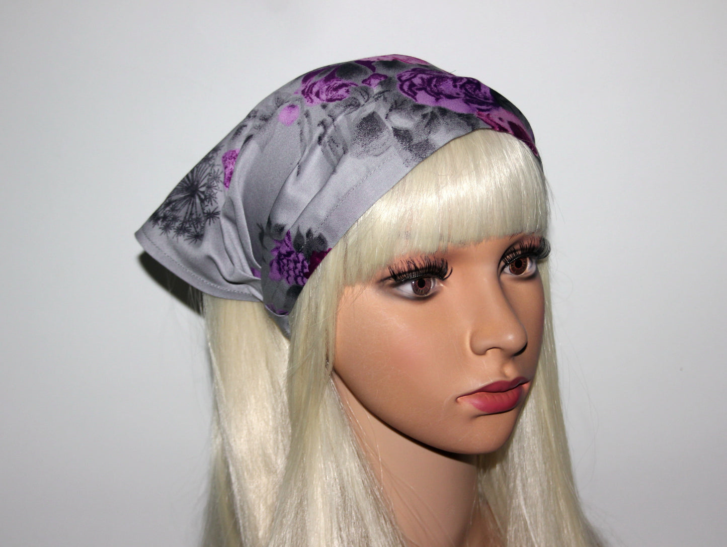 Floral print Head kerchief Gray & Purple cotton triangle bandana headband