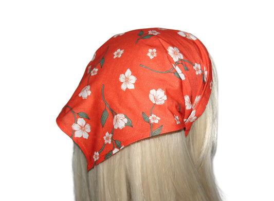 Triangle bandana headband Orange & Cream flower print batiste cotton head kerchief