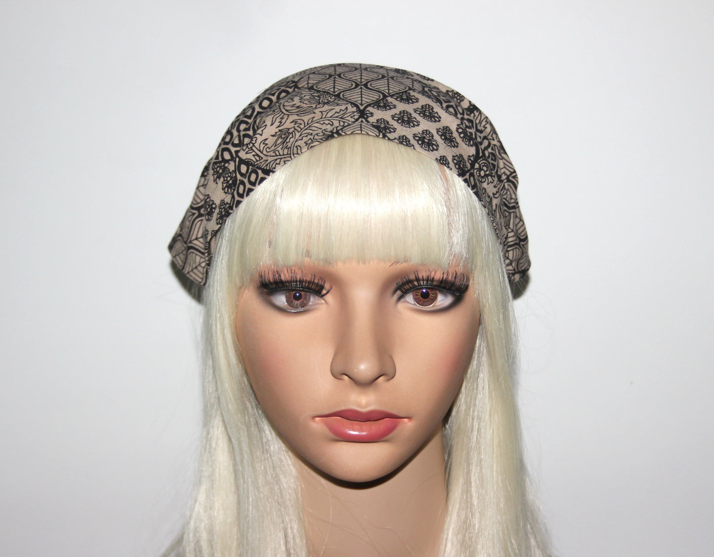 Bandana headband Natural Beige & Black structured cotton batiste kerchief