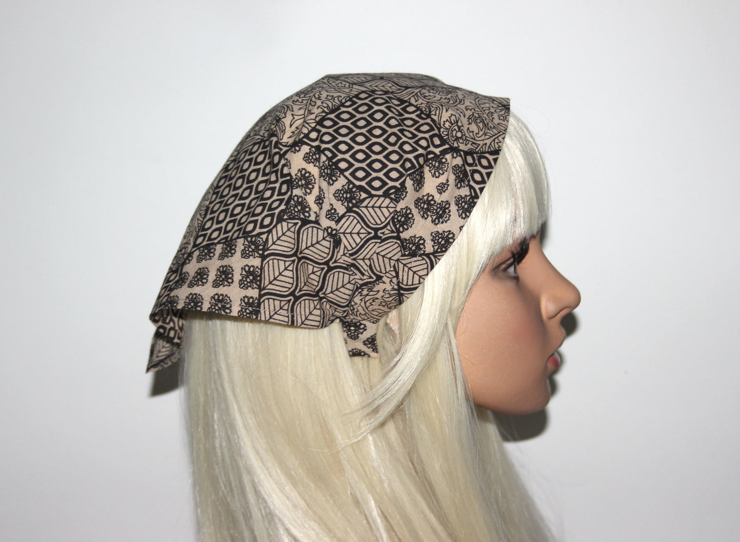 Bandana headband Natural Beige & Black structured cotton batiste kerchief