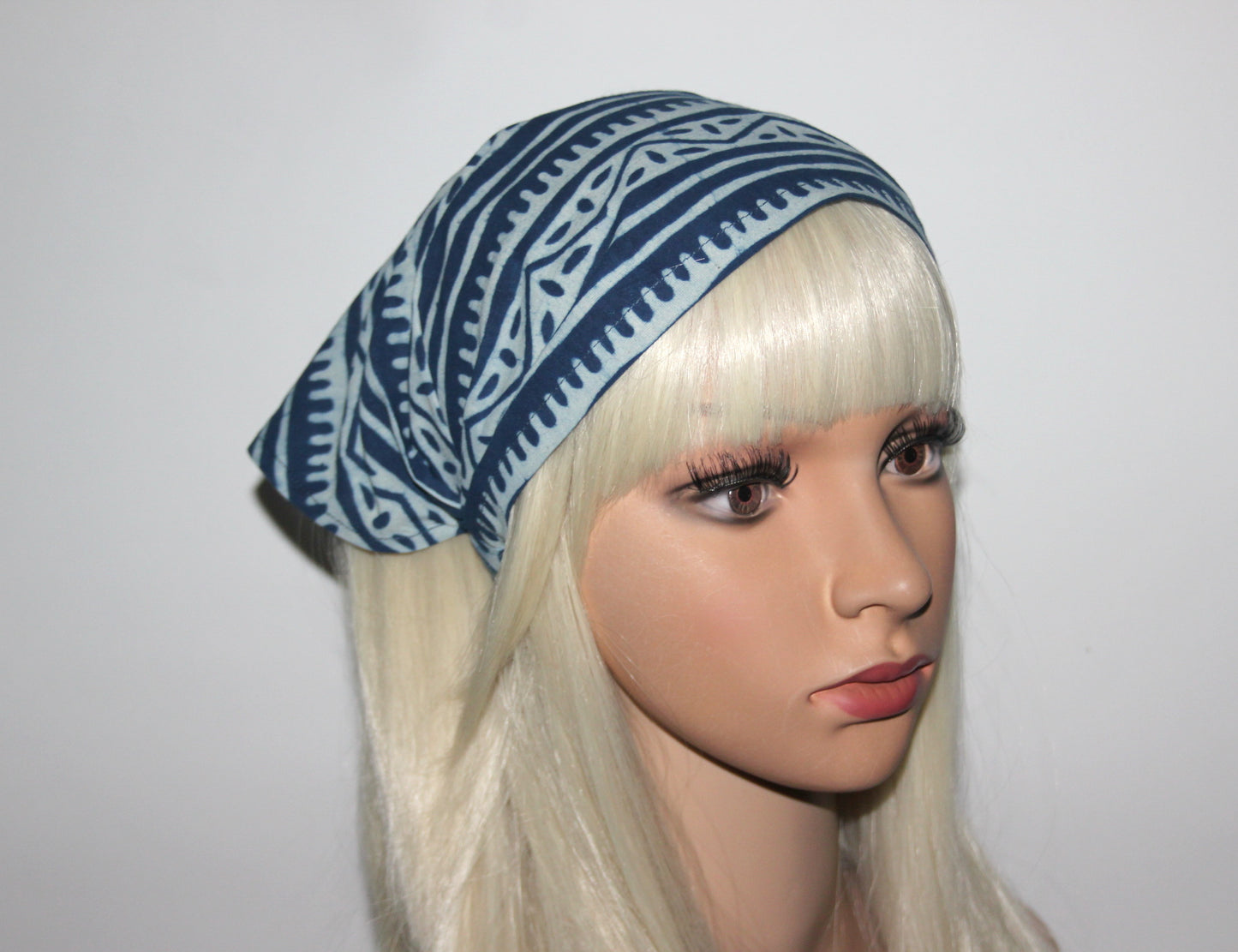 Indigo head kerchief Blue & White block print cotton bandana headband