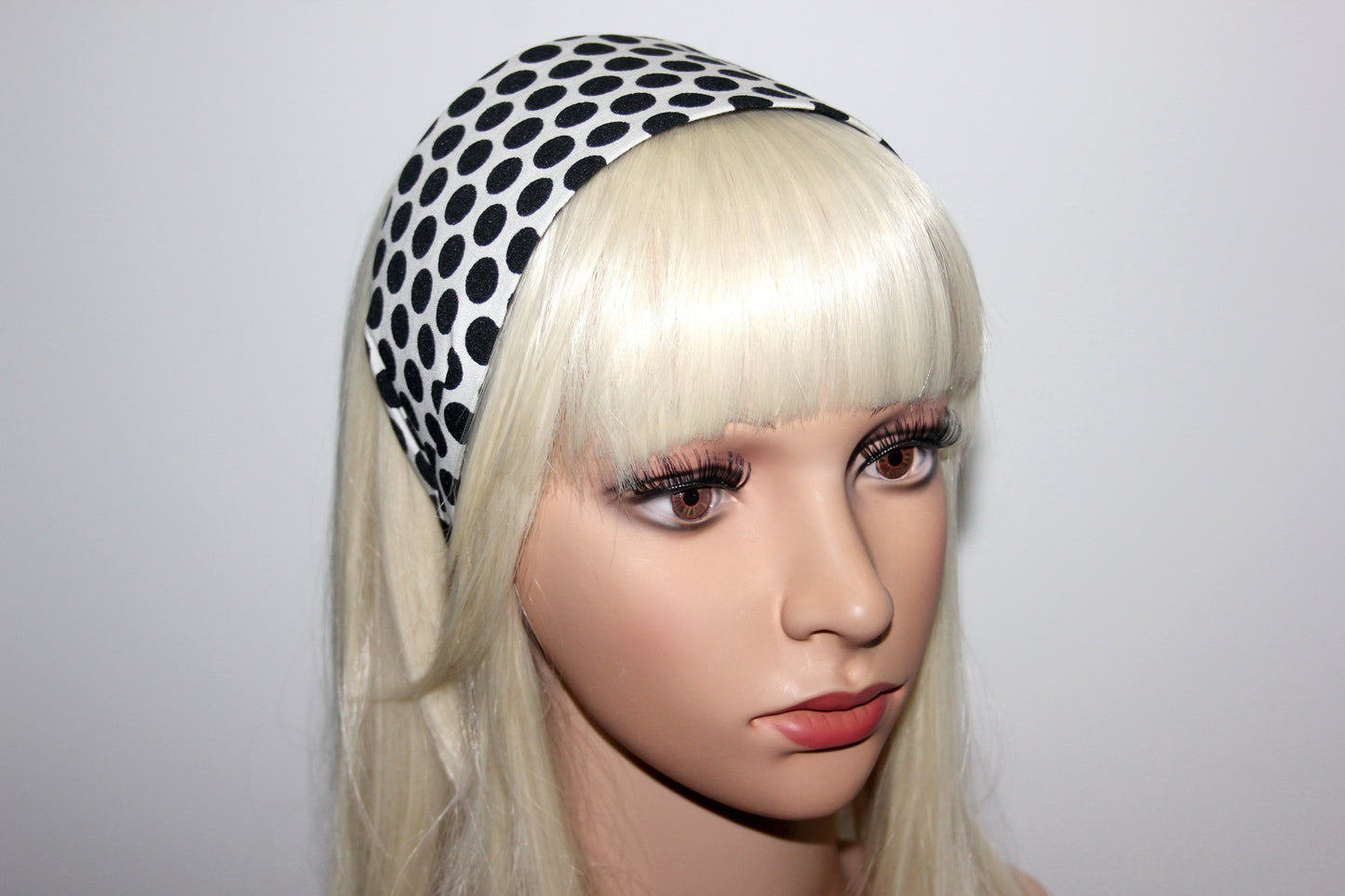 Women cotton headband, White with Black points Large Polka Dot jacquard headband scarf
