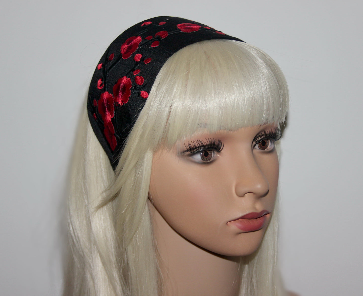 Embroidered silk headband for women Black & Red sakura hairband scarf