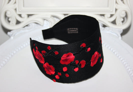 Embroidered silk headband for women Black & Red sakura hairband scarf