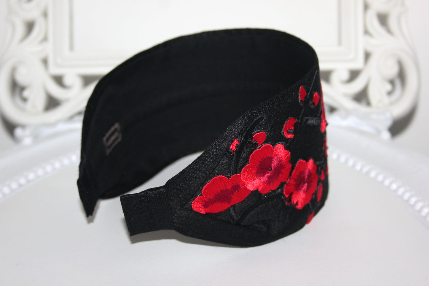 Embroidered silk headband for women Black & Red sakura hairband scarf