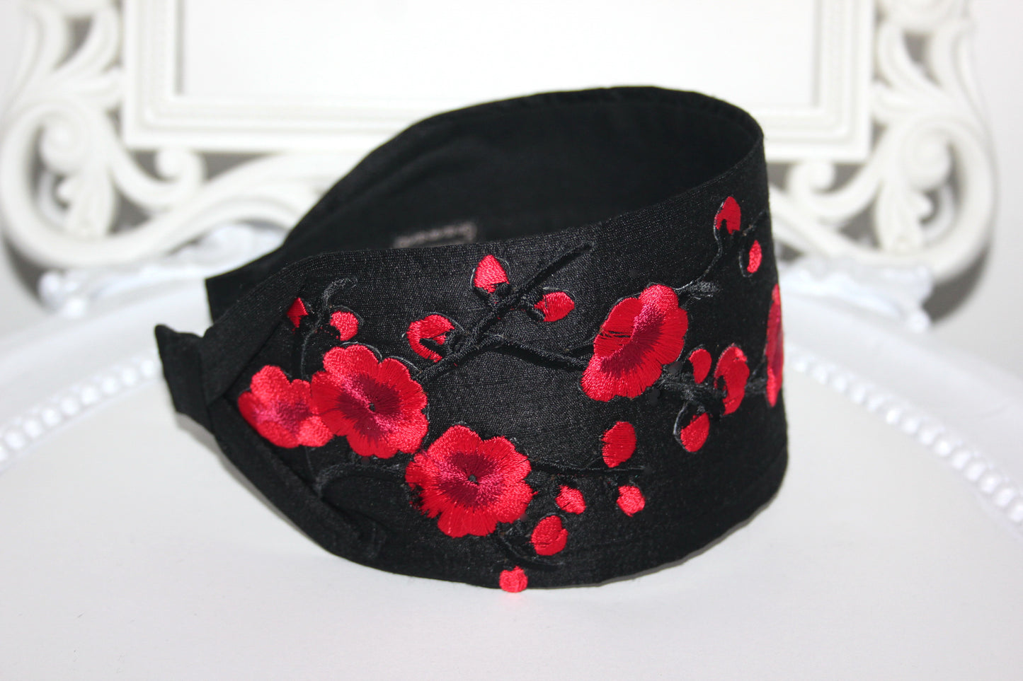 Embroidered silk headband for women Black & Red sakura hairband scarf